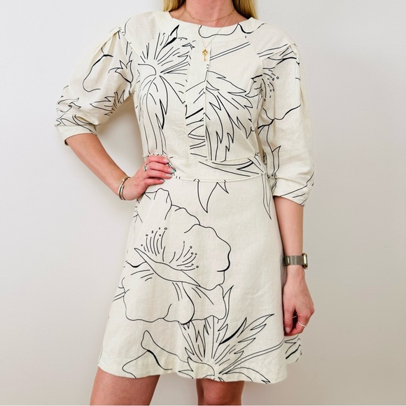 New Banana Republic Linen Blend Boho Elegant Cream Floral Print Mini Dress - Picture 2 of 10
